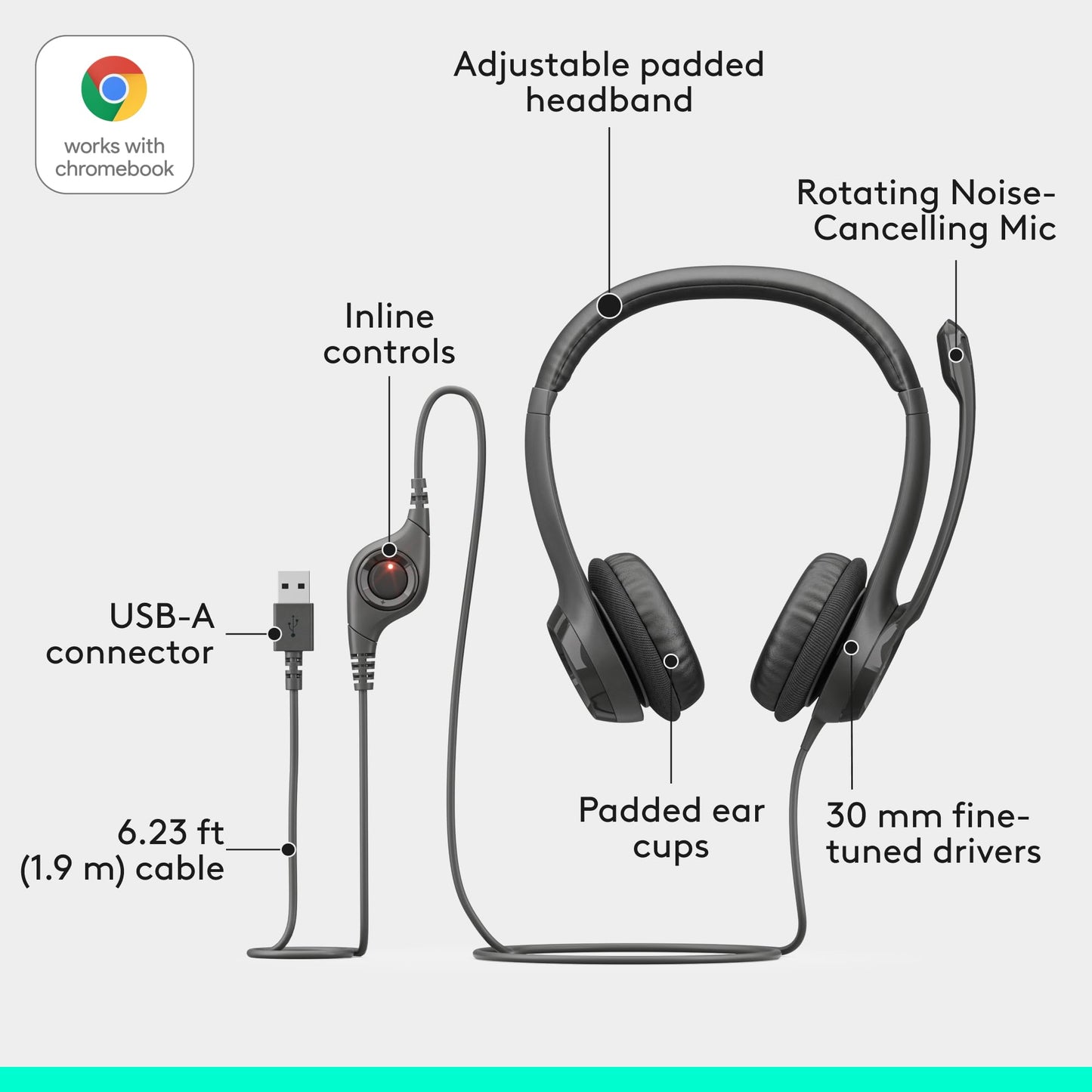 Logitech H390 Wired Headset for PC/Laptop, Stereo Headphones with Noise Cancelling Microphone, USB-A, in-Line Controls, Works with Chromebook - Rose, 1 Pack