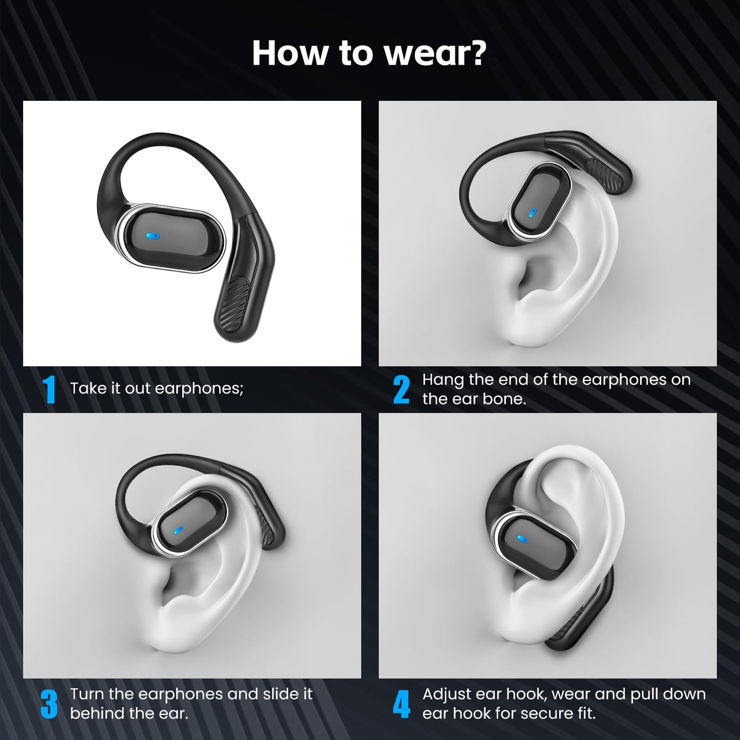 Open Ear Wireless Earbuds Bluetooth Headphones, 80H Playtime Stereo Ear Buds with ENC Noise Cancelling, Fast Charging, IPX7 Waterproof Sports Earphones with Earhook for Running/Workouts (Black)