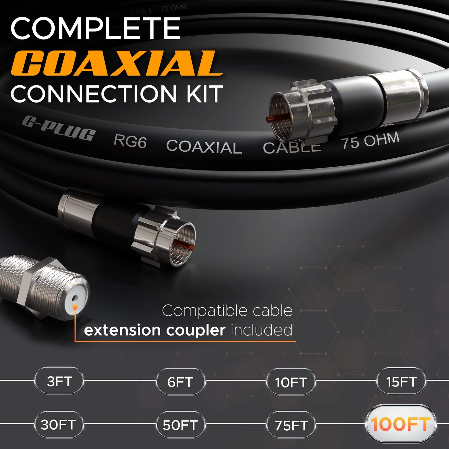 G-PLUG 25FT RG6 Coaxial Cable Connectors Set – High-Speed Internet, Broadband, Digital TV Aerial, Satellite Extension – Weather-Sealed Double Rubber O-Ring and Compression Connectors – White