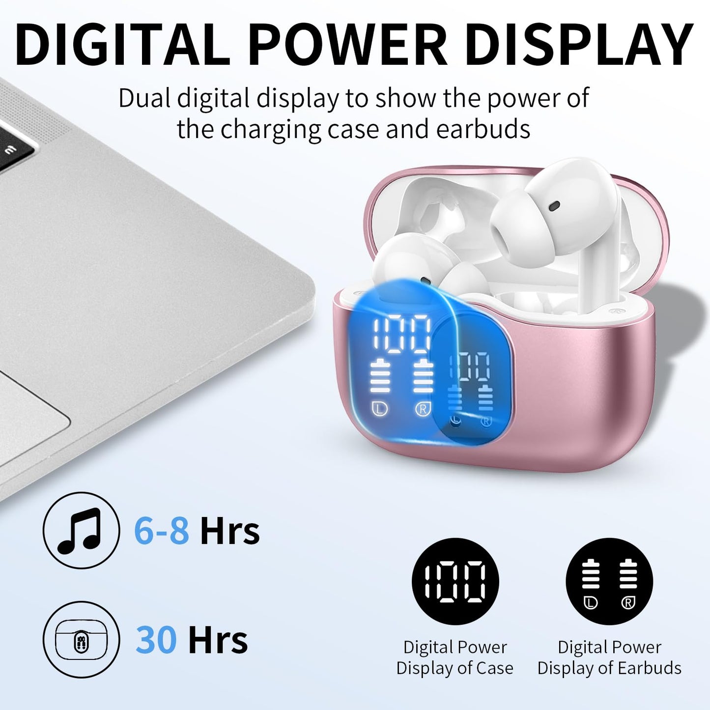 Wireless Earbuds, Bluetooth Headphones 5.4 HiFi Stereo, Wireless Earphones with ENC Noise Cancelling Mic, IP7 Waterproof in Ear Headphones, LED Digital Display Ear Buds, Touch Control, Black
