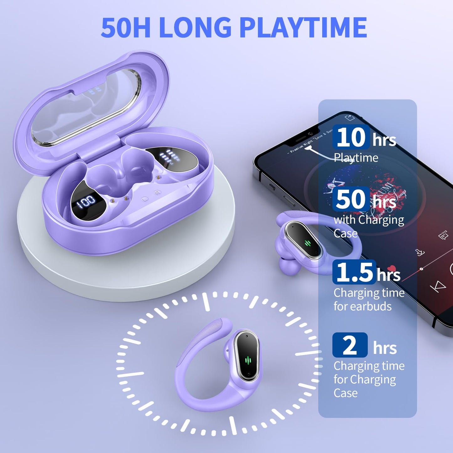 Wireless Earbuds, Bluetooth 5.4 Headphones Sport, LED Display Bluetooth Earbuds with ENC Noise Canceling Mic, 50H Stereo Wireless Headphones with Earhooks, IP7 Waterproof Ear Buds for Running/Workout