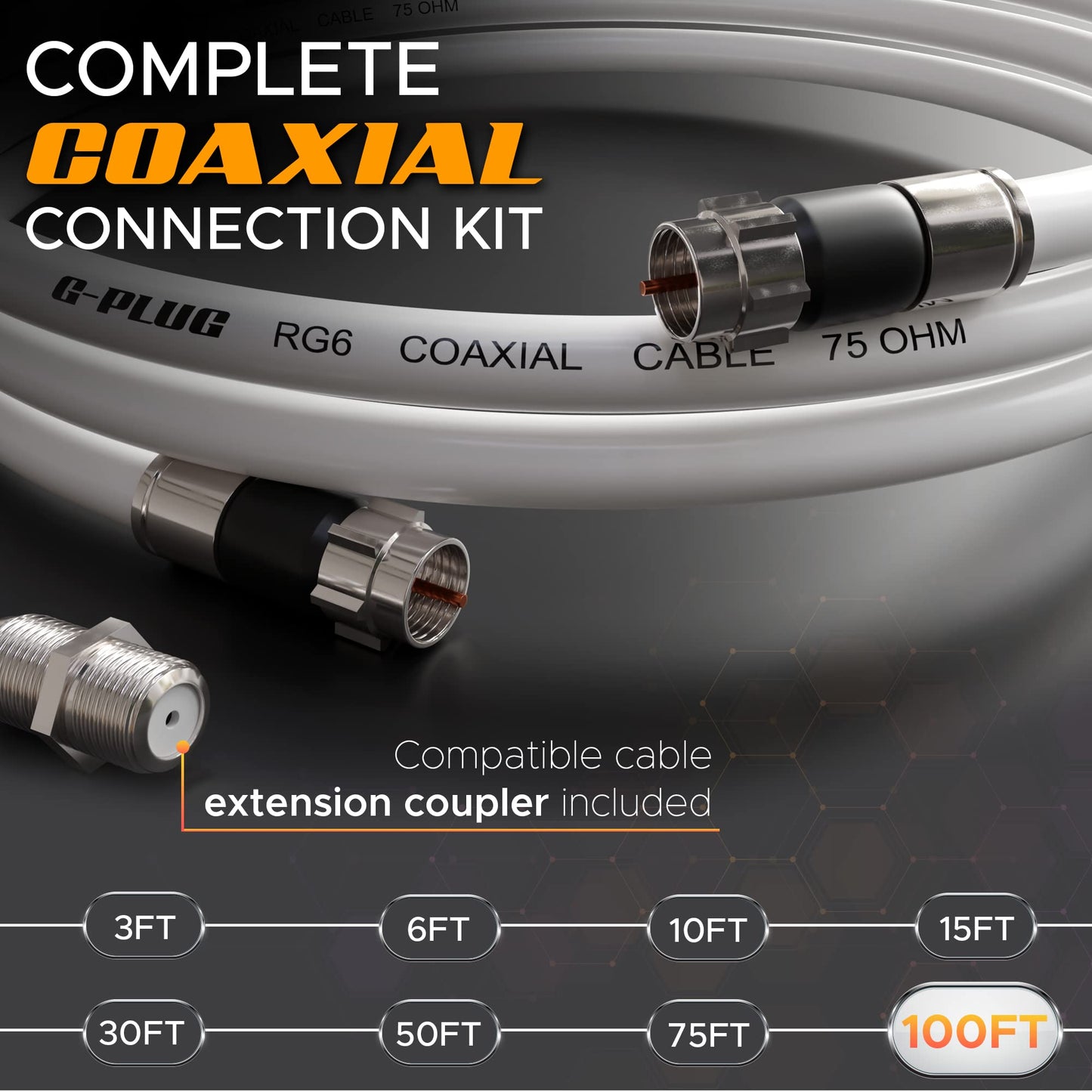 G-PLUG 25FT RG6 Coaxial Cable Connectors Set – High-Speed Internet, Broadband, Digital TV Aerial, Satellite Extension – Weather-Sealed Double Rubber O-Ring and Compression Connectors – White