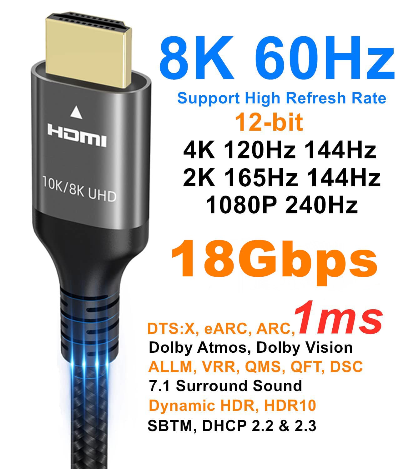 Ubluker 10K 8K 4K HDMI Cable 48Gbps 3.3 FT, Certified Ultra High Speed HDMI® Cable 4K 240Hz 144Hz 120Hz 8K60Hz 0.01ms HDR10+ eARC HDCP2.3 Netflix Roku TV PC Monitor Projector PS5 Xbox