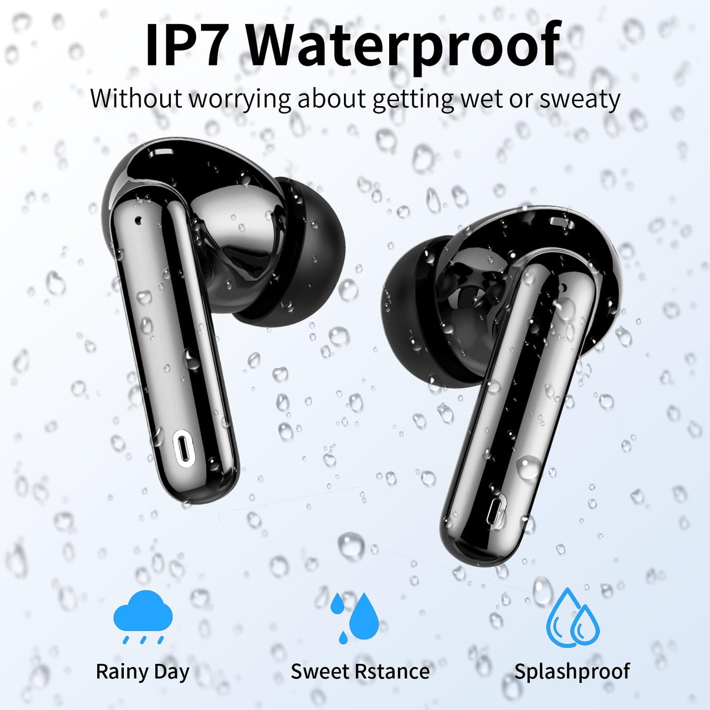 Wireless Earbuds, Bluetooth Headphones 5.4 HiFi Stereo, Wireless Earphones with ENC Noise Cancelling Mic, IP7 Waterproof in Ear Headphones, LED Digital Display Ear Buds, Touch Control, Black