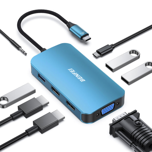 BENFEI USB C Docking Station, 8-in-1 USB C Hub with Triple Display Dual HDMI, VGA, 3*USB 3.0, 100W Power Delivery, 3.5mm AUX Audio Compatible with MacBook Pro, XPS and More