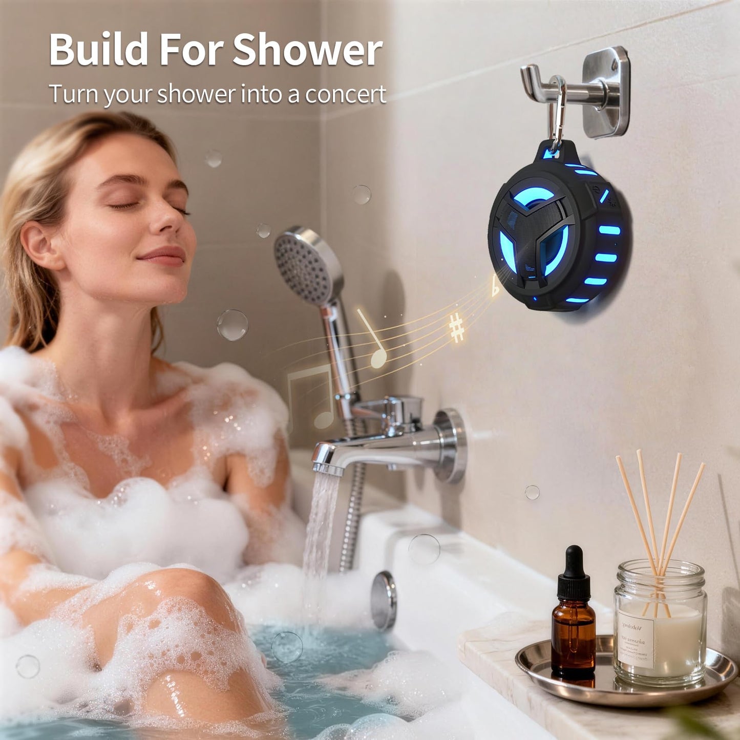 EBODA Bluetooth Shower Speaker, Portable Bluetooth Speakers, IP67 Waterproof Outdoor Speaker Wireless with LED Light, Floating, 2000mAh, True Wireless Stereo for Pool, Kayak, Bike, Golf, Gifts -Black