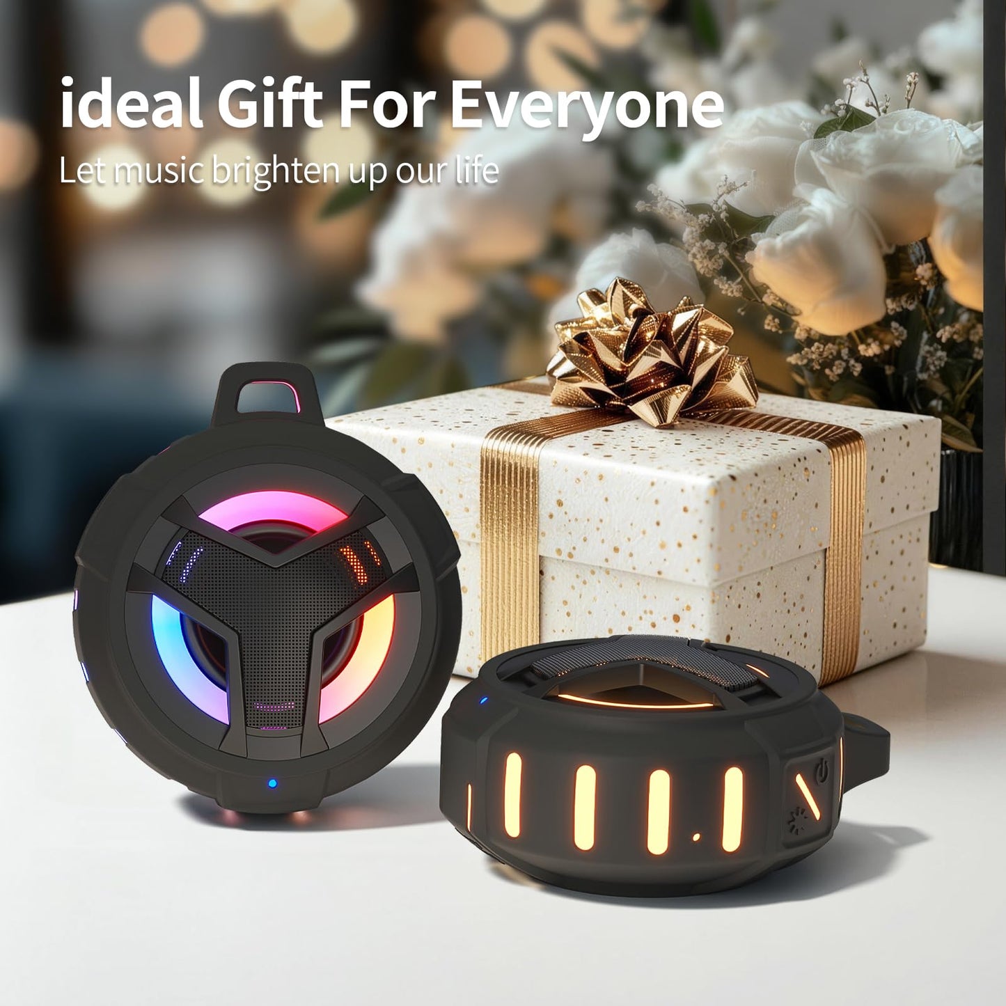 EBODA Bluetooth Shower Speaker, Portable Bluetooth Speakers, IP67 Waterproof Outdoor Speaker Wireless with LED Light, Floating, 2000mAh, True Wireless Stereo for Pool, Kayak, Bike, Golf, Gifts -Black