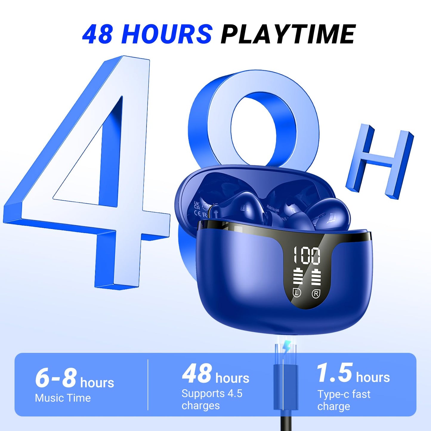 Wireless Earbuds, Bluetooth 5.4 Headphones, 50H Playback Deep Bass Stereo Ear Buds with LED Power Display Charging Case, IPX7 Waterproof in-Ear Earbuds for Smart Phone Laptop Computer Sports Black