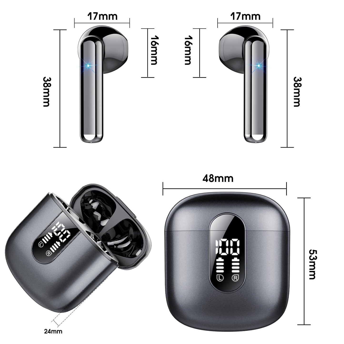 Wireless Earbuds, Bluetooth 5.3 Headphones HiFi Stereo, Mini in-Ear Bluetooth Earbuds, Wireless Earphones with 4 ENC Noise Cancelling Mic, IP7 Waterproof, LED Display, Touch Control Ear Buds, White