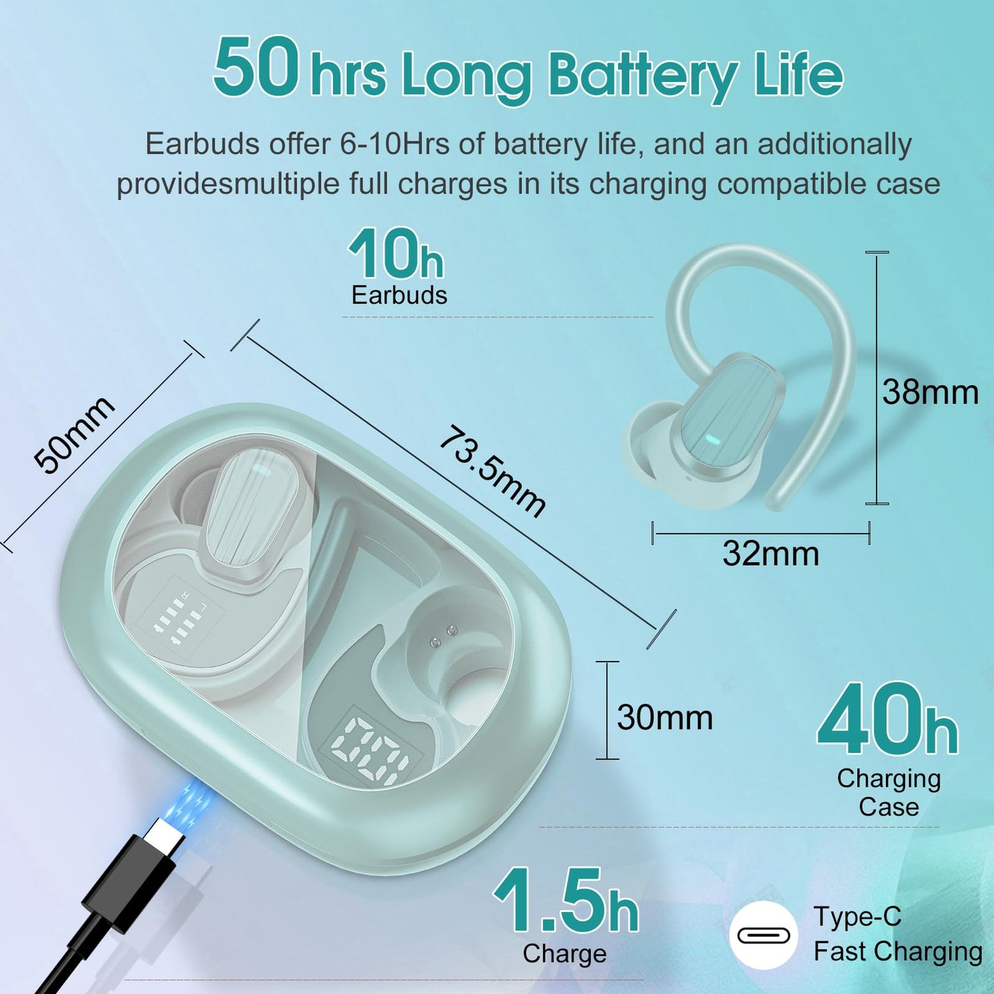 Wireless Earbuds, 50H Bluetooth 5.4 Headphones Sport, Bluetooth Earbuds with ENC Noise Canceling, HiFi Stereo Sound Wireless Earphones with Earhooks, IP7 Waterproof Ear Buds for Sports/Workout/Running