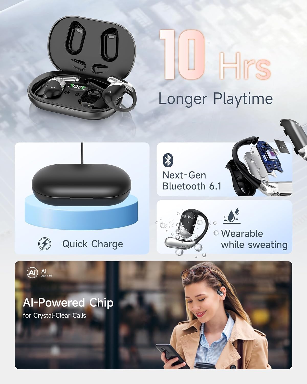 Open Ear Earbuds, Sports Wireless Bluetooth 6.1 Headphones with Real-Time Translation, 80H Playtime LED Power Display, ENC Noise Canceling, IP55 Waterproof Earhooks Headset for Running Workout, Black