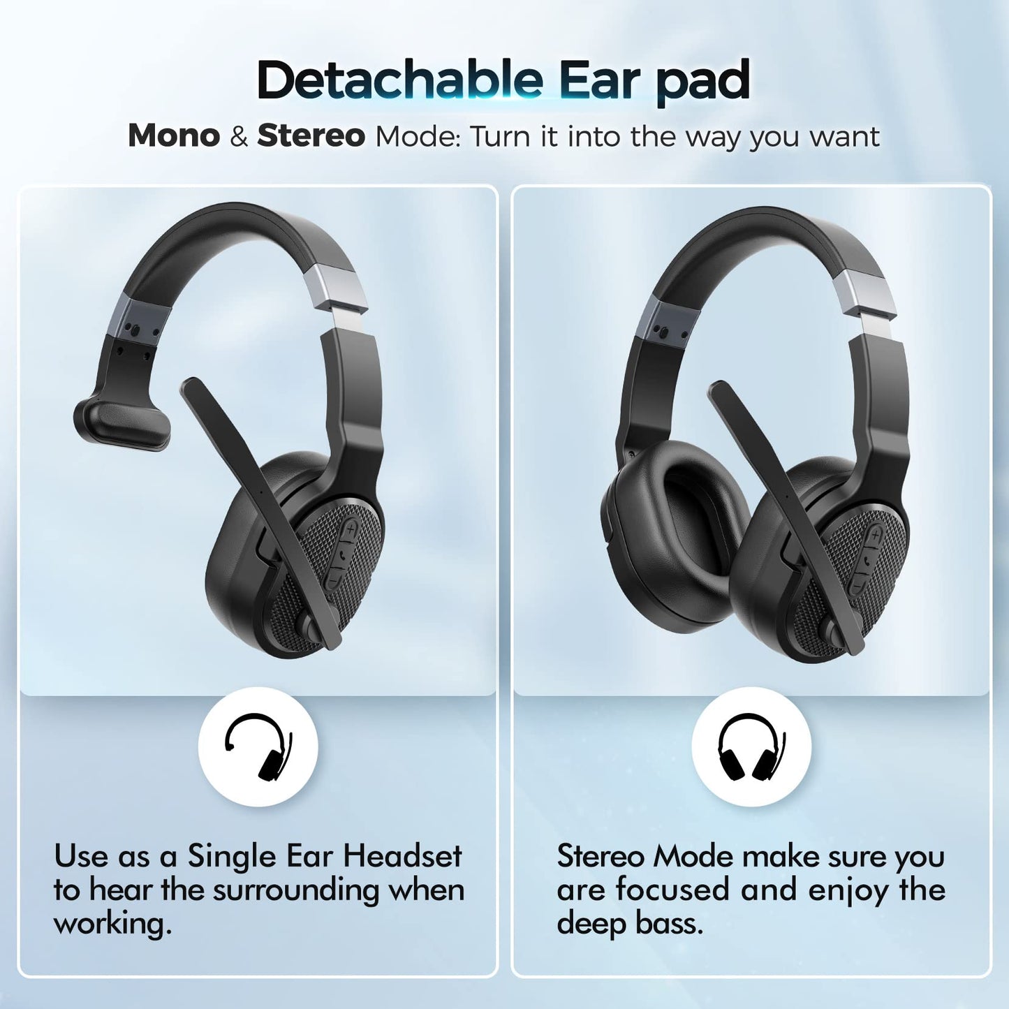 Trucker Bluetooth Headset, Wireless Headsets with Noise Cancelling Microphone, Long Battery Life Bluetooth Headphones with Detachable Earpad/Single+Dual Mode for Office/Driving/Home