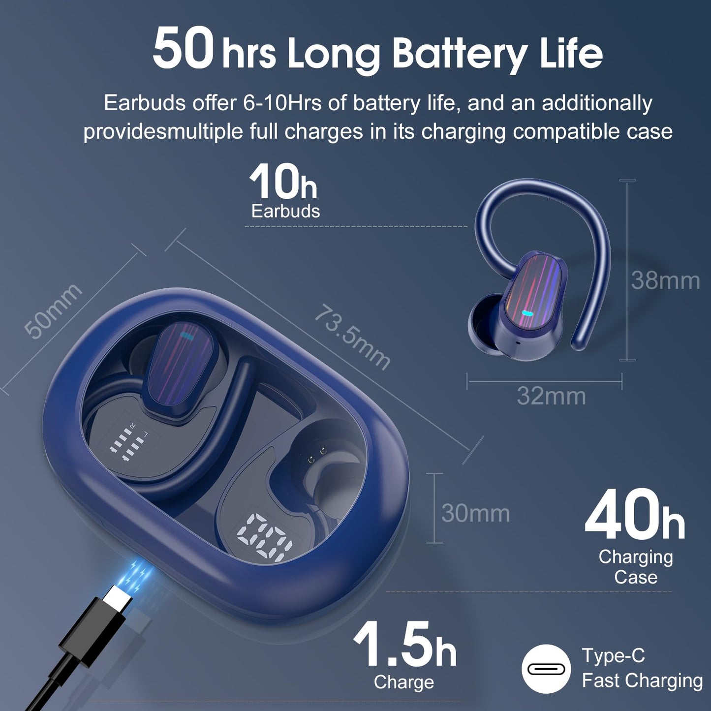 Wireless Earbuds, 50H Bluetooth 5.4 Headphones Sport, Bluetooth Earbuds with ENC Noise Canceling, HiFi Stereo Sound Wireless Earphones with Earhooks, IP7 Waterproof Ear Buds for Sports/Workout/Running
