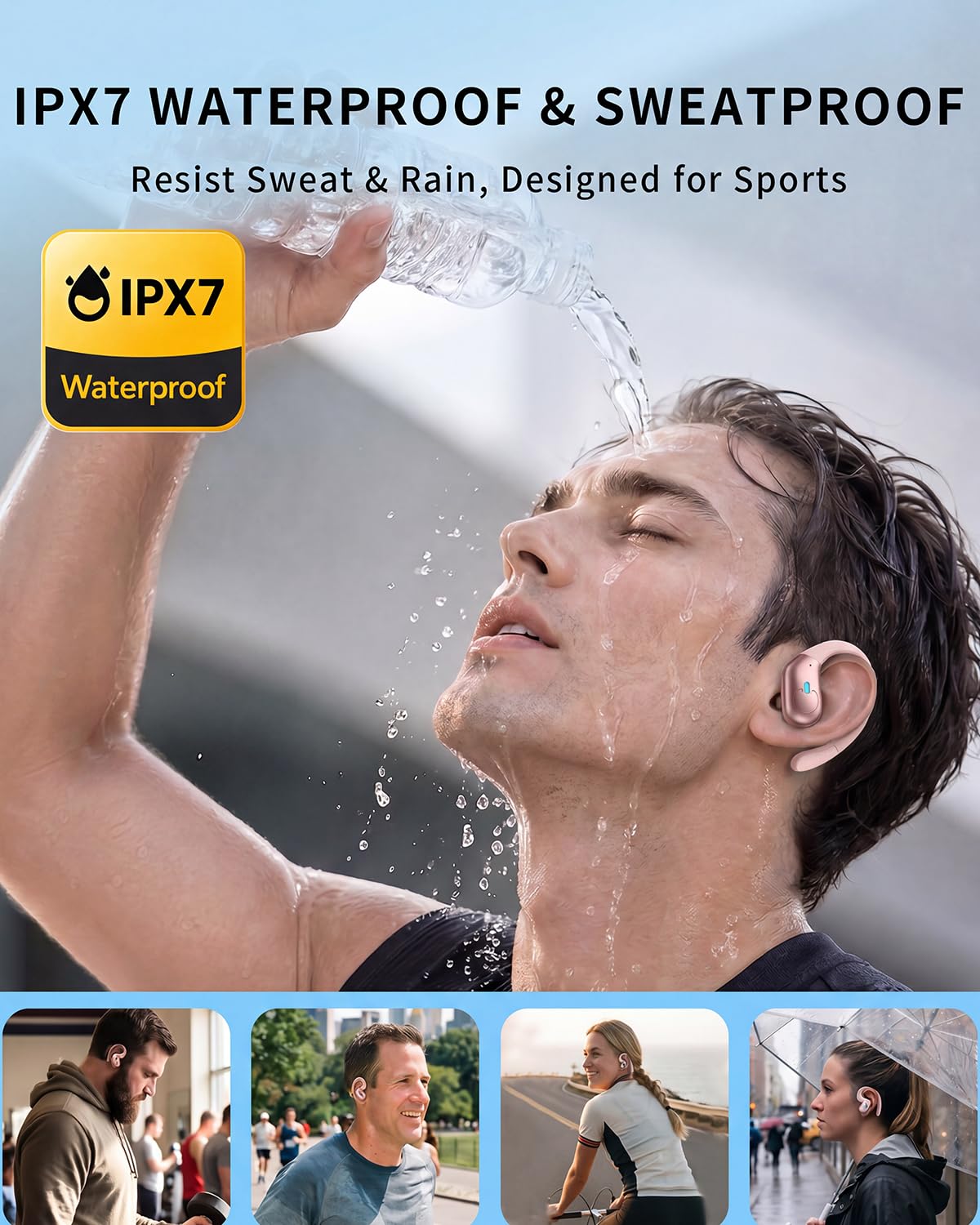 Active Noise Cancelling Ear Buds, Wireless Earbuds with Earhooks Microphone, 80hrs Playback Bluetooth Headphones Dual Battery Display Stereo Bass Earphones IPX7 Waterproof Headset for Workout/Sports