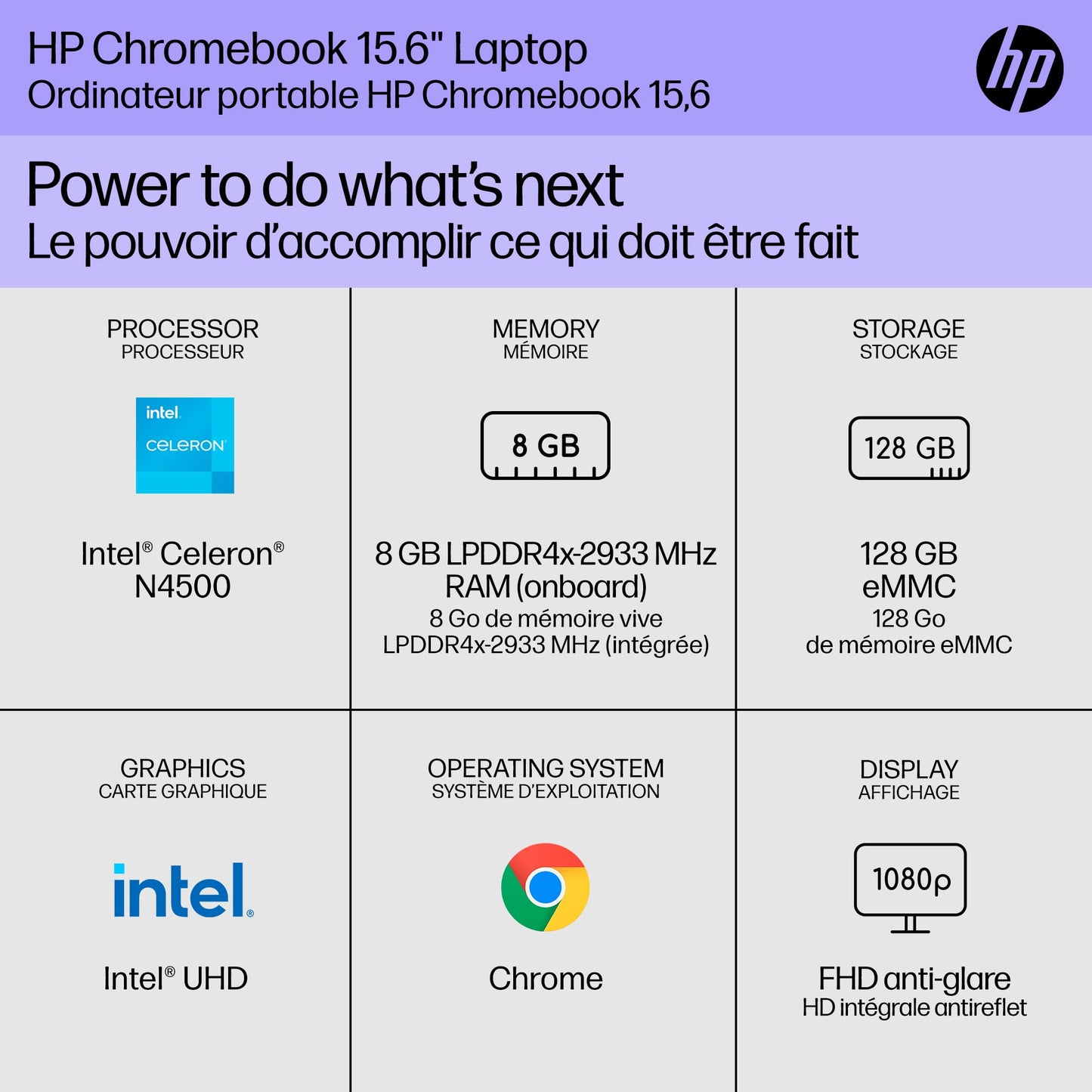 HP Chromebook Plus 15.6 inch Laptop, Full HD Display, Intel Core i3-N305, 8 GB RAM, 256 GB UFS, Intel UHD Graphics, Chrome OS, 15a-nb0006ca