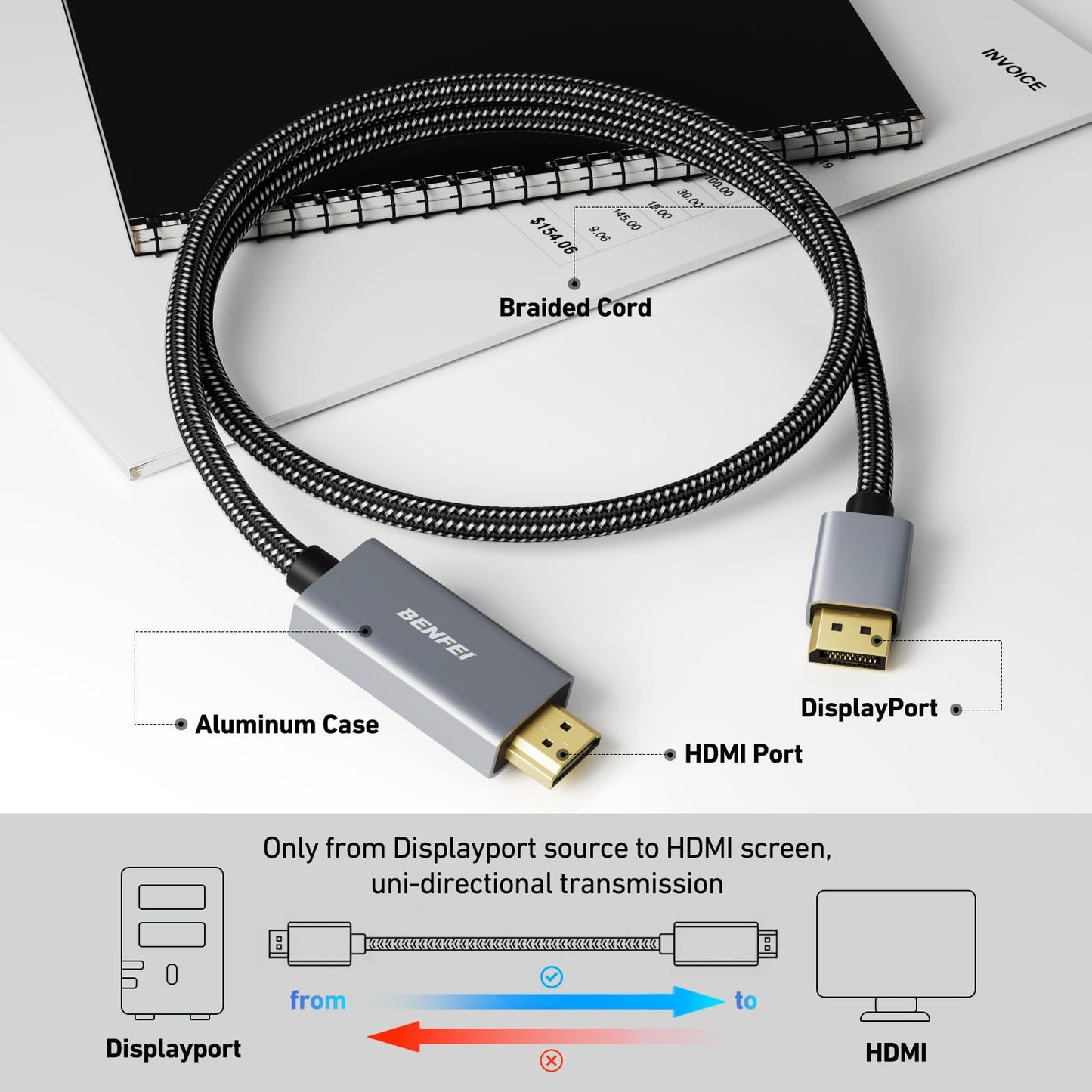 BENFEI 4K DisplayPort to HDMI 6 Feet Cable[Aluminum Shell, Nylon Braided], Uni-Direction DP 1.2 Computer to HDMI 1.4 Screen Cable Compatible with HP, ThinkPad, AMD, NVIDIA, Desktop and More