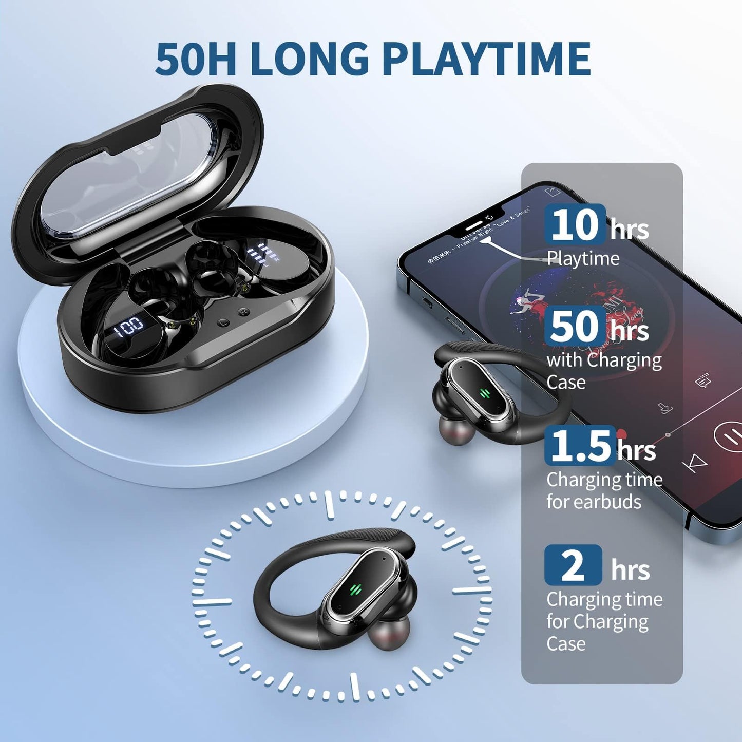 Wireless Earbuds, Bluetooth 5.4 Headphones Sport, LED Display Bluetooth Earbuds with ENC Noise Canceling Mic, 50H Stereo Wireless Headphones with Earhooks, IP7 Waterproof Ear Buds for Running/Workout