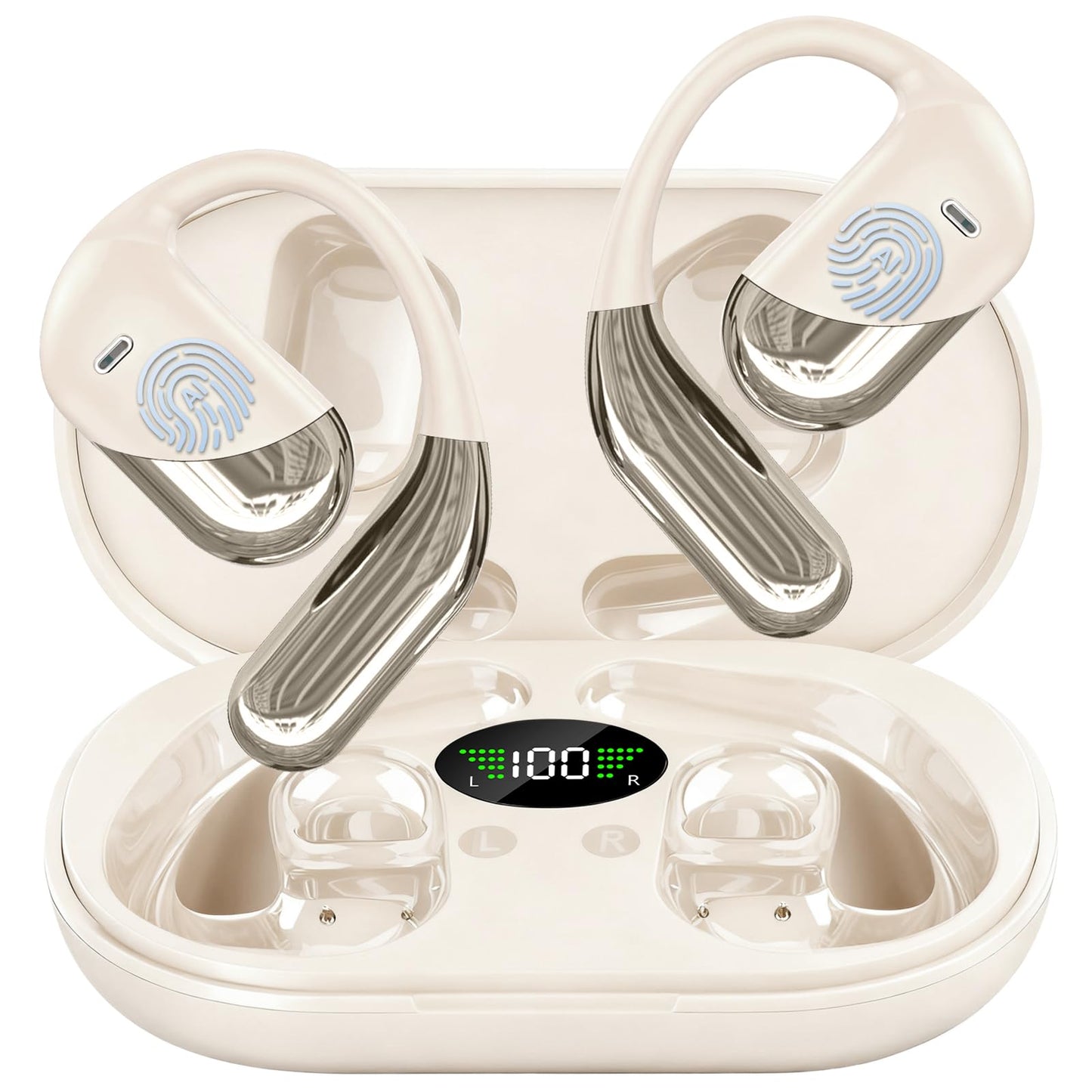 Open Ear Wireless Earbuds, Sports Bluetooth Headphones with Real Time Translation, 80Hrs Playtime with LED Power Display, Noise Canceling Headset, IPX7 Waterproof Earphones for Workout/Running