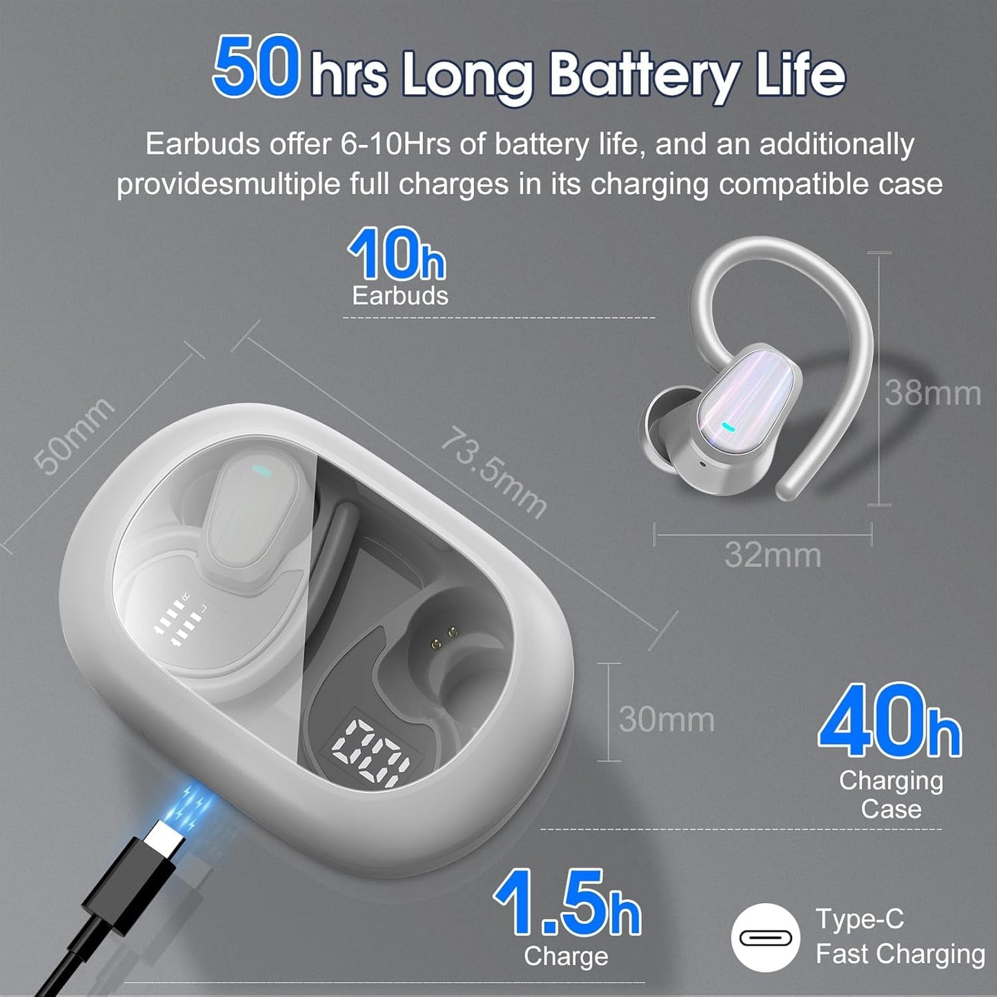 Wireless Earbuds, 50H Bluetooth 5.4 Headphones Sport, Bluetooth Earbuds with ENC Noise Canceling, HiFi Stereo Sound Wireless Earphones with Earhooks, IP7 Waterproof Ear Buds for Sports/Workout/Running