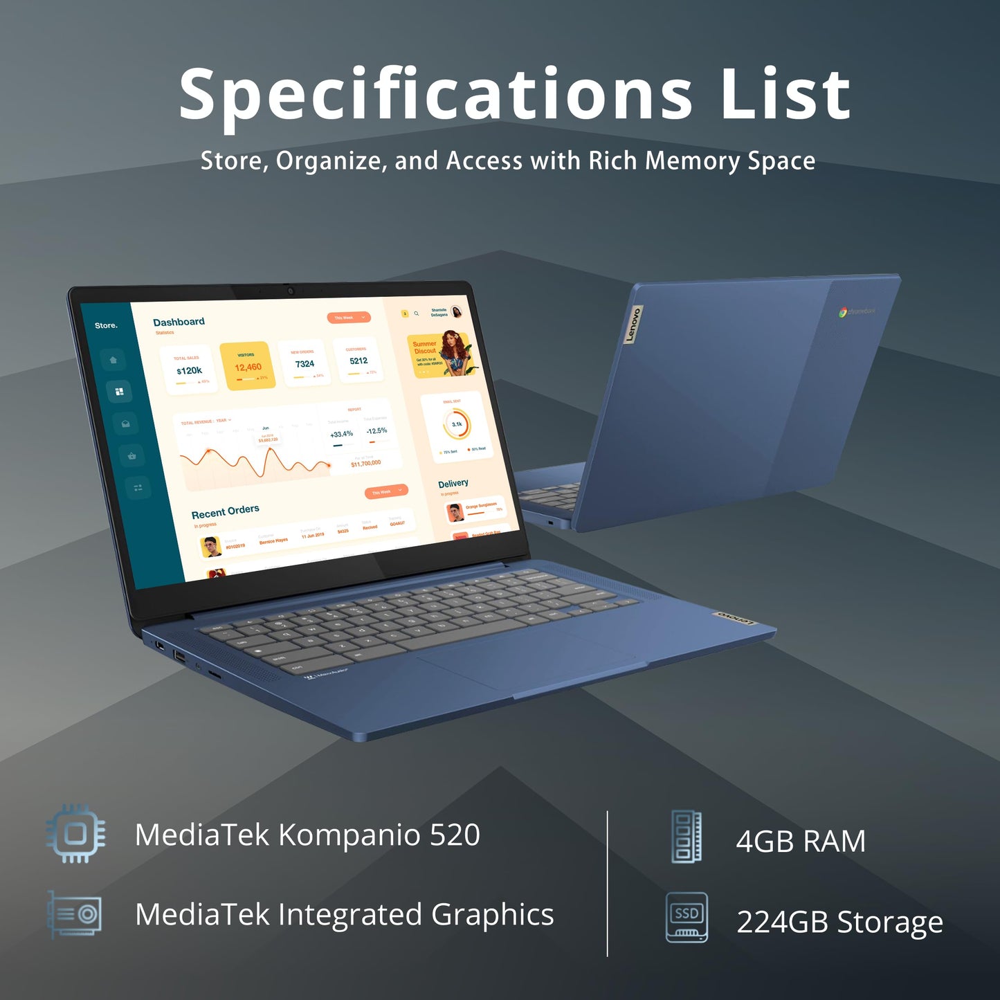 Lenovo Slim 3 Chromebook, 14″ FHD IPS Touchscreen Laptop, 8-Core MediaTek Kompanio 520 Processor, 4GB RAM, 224GB Storage (64GB eMMC+160GB Docking Station Set), WiFi 6, Chrome OS, Abyss Blue