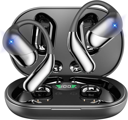 Open Ear Wireless Earbuds, Sports Bluetooth Headphones with Real Time Translation, 80Hrs Playtime with LED Power Display, Noise Canceling Headset, IPX7 Waterproof Earphones for Workout/Running