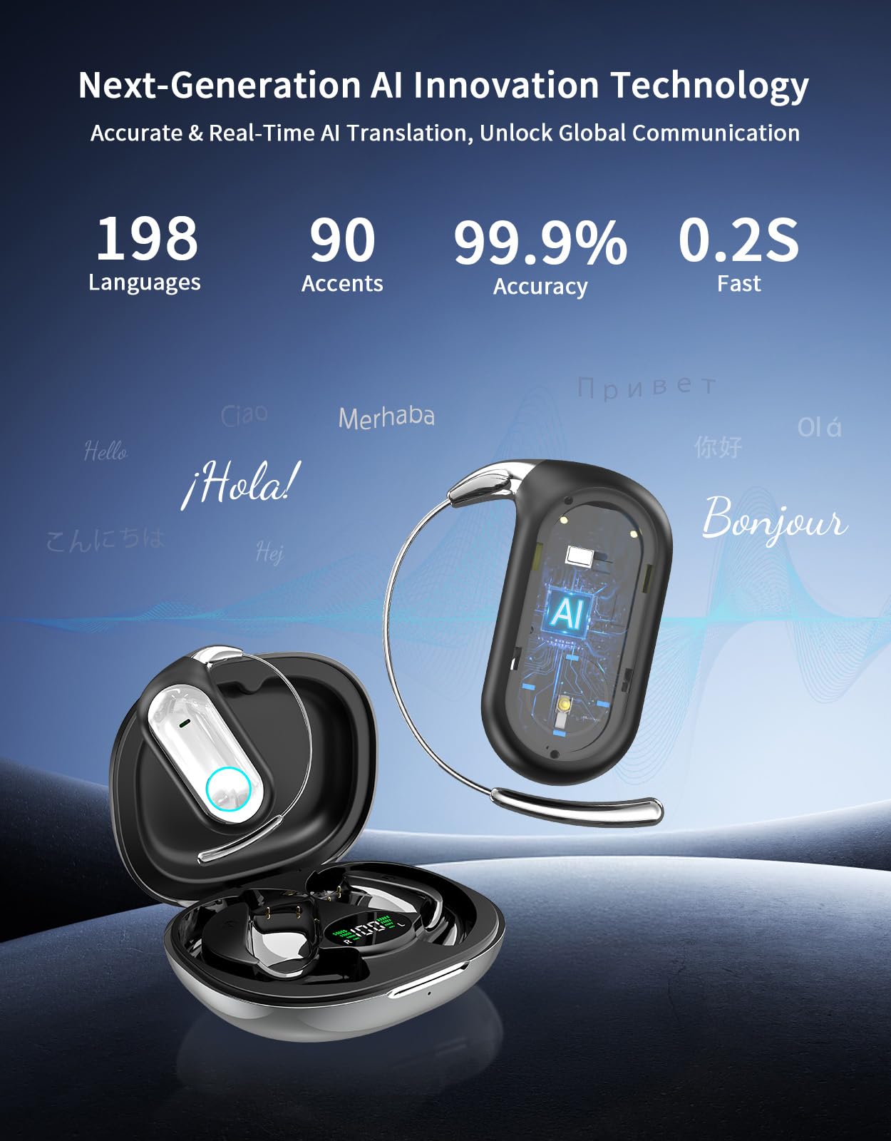 AI Translation Earbuds Real Time 96H Open Ear Bluetooth 6.1 Translator Earbuds w/Ultra-Slim Earhooks 198 Language Two-Way Translator Device Game & Music Dual Modes No Subscription for Travel Learning