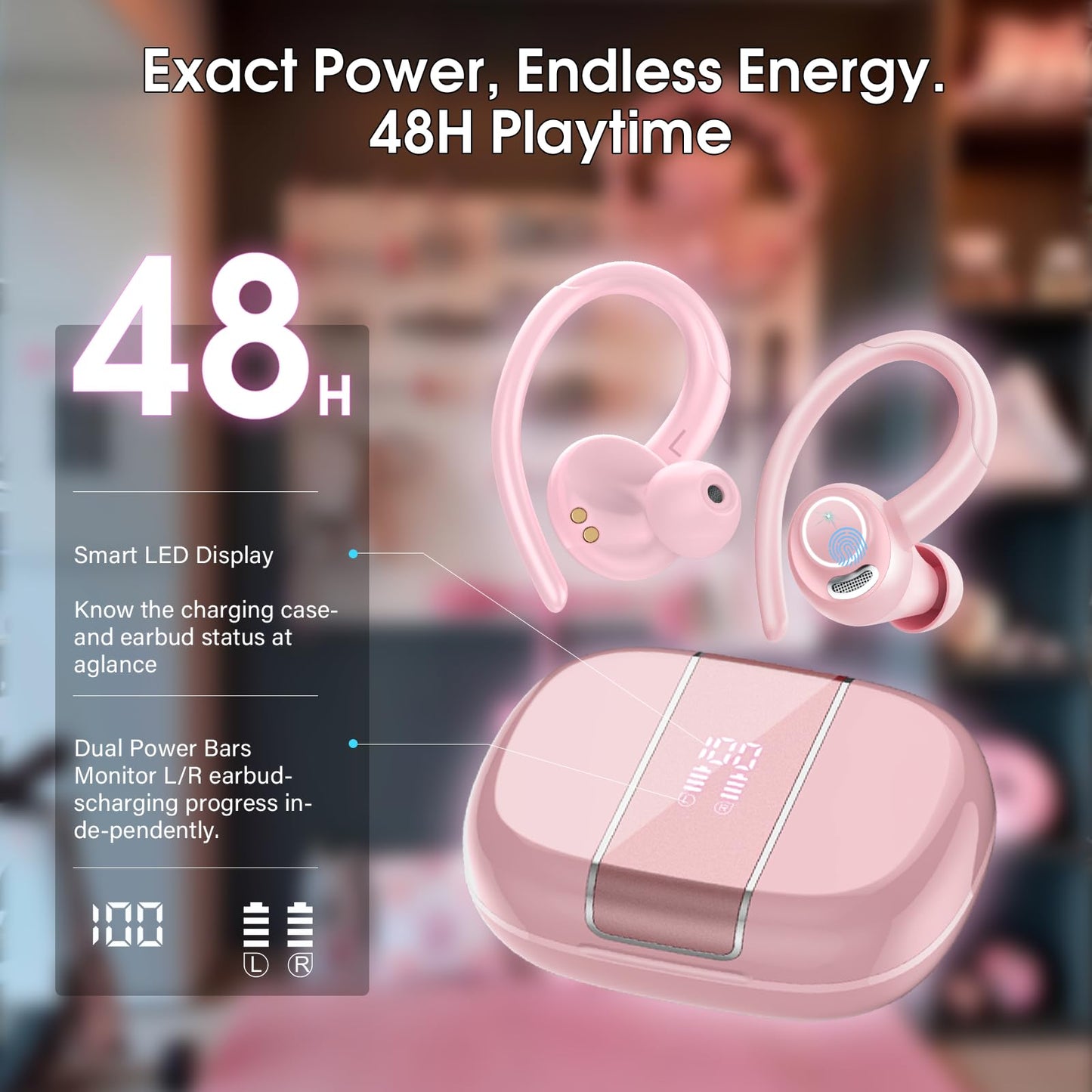 2026 Wireless Earbuds Bluetooth 5.3 Headphones Sports, 48H Earphones with ENC Mic, Stereo Deep Bass Bluetooth Earbuds with Secure Earhook, LED Display, IPX7 Waterproof Ear Buds for Running/Gym/Workout