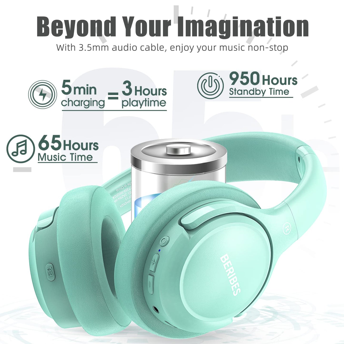 BERIBES Bluetooth Headphones Over Ear,65H Playtime and 6 EQ Modes Wireless Headphones with Microphone,Immersive Bass,HiFi Stereo,Foldable Lightweight Headset with Built-in HD Mic for Cellphone/PC/Ect.