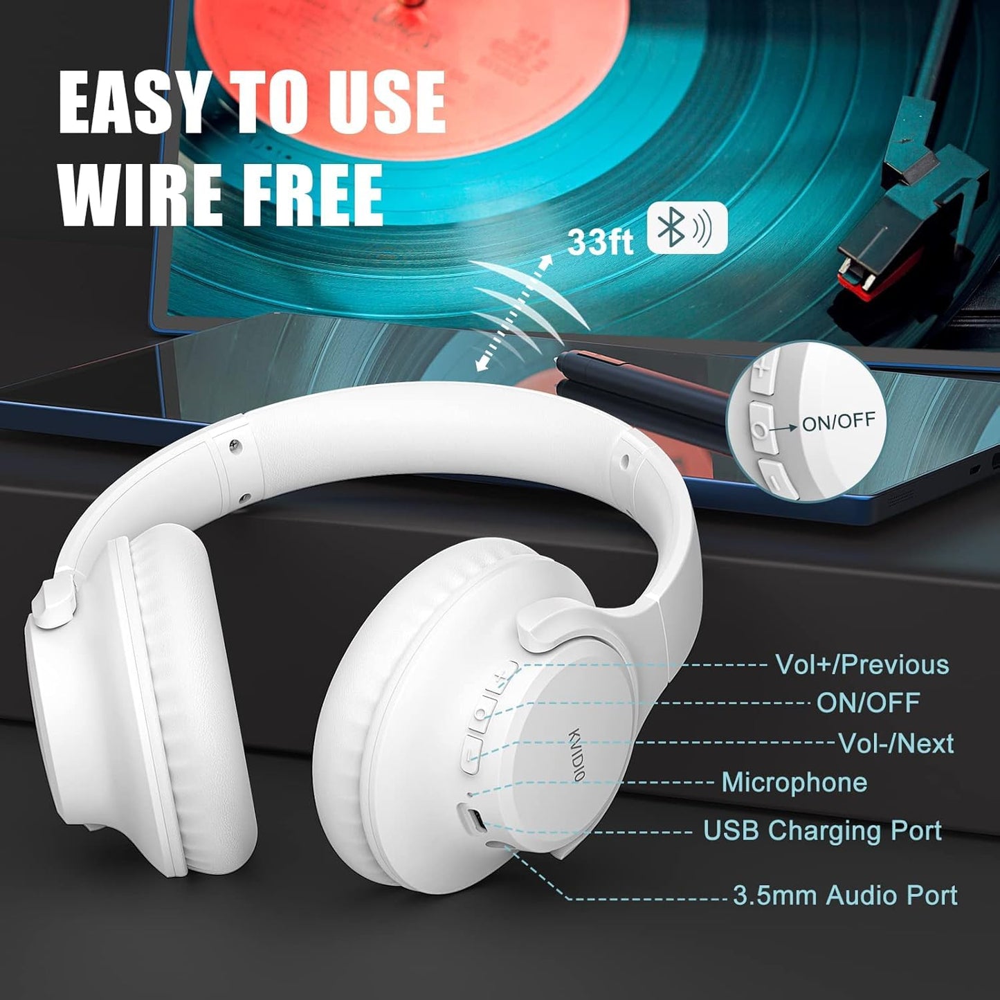 KVIDIO Bluetooth Headphones Over Ear, 65 Hours Wireless Headphones with Microphone, Foldable Lightweight HiFi Stereo Headset with Deep Bass for Travel Work Laptop PC Cellphone