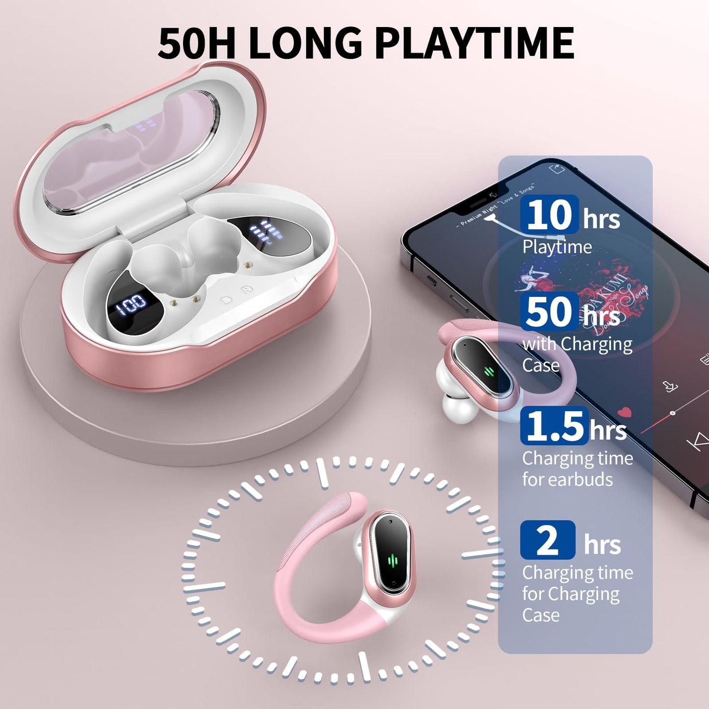 Wireless Earbuds, Bluetooth 5.4 Headphones Sport, LED Display Bluetooth Earbuds with ENC Noise Canceling Mic, 50H Stereo Wireless Headphones with Earhooks, IP7 Waterproof Ear Buds for Running/Workout