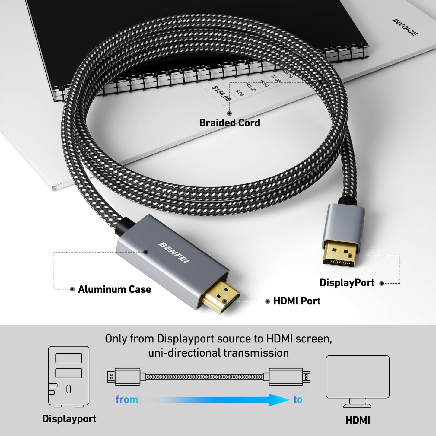 BENFEI 4K DisplayPort to HDMI 6 Feet Cable[Aluminum Shell, Nylon Braided], Uni-Direction DP 1.2 Computer to HDMI 1.4 Screen Cable Compatible with HP, ThinkPad, AMD, NVIDIA, Desktop and More