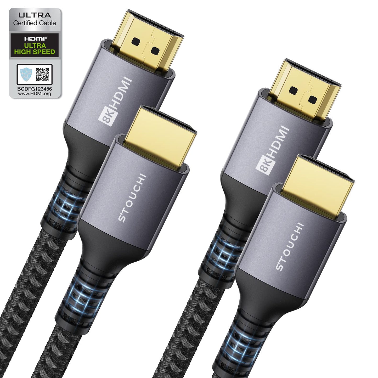 10K 8K HDMI Cables 2-Pack 6.6FT, Stouchi (Certified) 48Gbps Ultra High Speed HDMI® Cable for PS5 4K@120Hz Gaming, 8K@60Hz TVs, eARC Dolby Atmos Home Theater