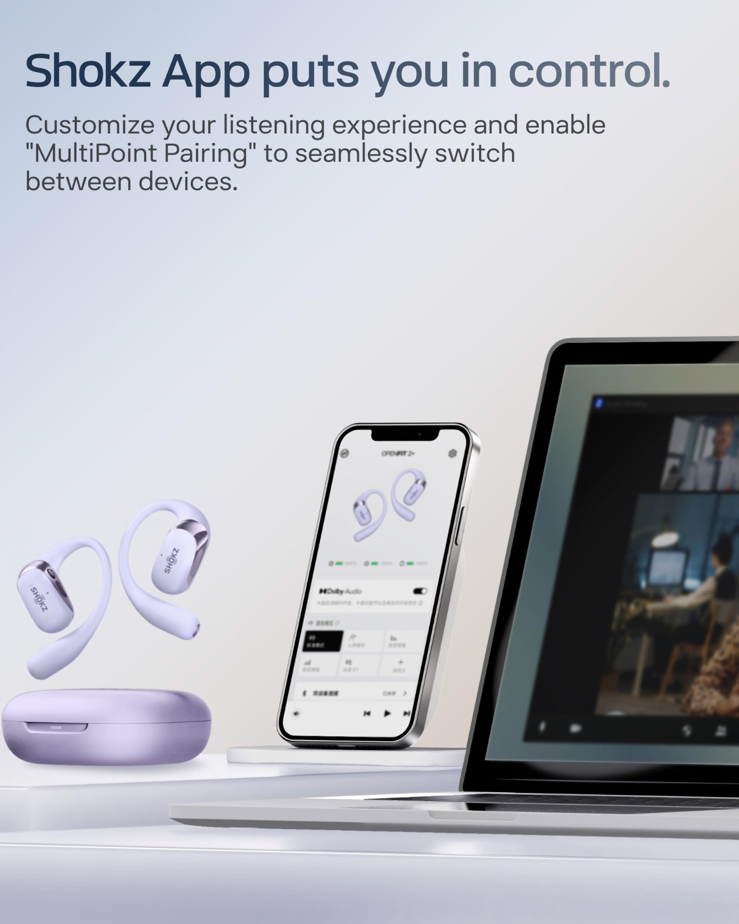 SHOKZ New OpenFit 2+ Open-Ear Headphones, Dolby Audio Enabled, Comfortable Earbuds with Soft Ear Hooks, 48H Playtime, IP55 Water-Resistant, USB-C Fast Charging, Wireless Charging, Carrying Bag,Black