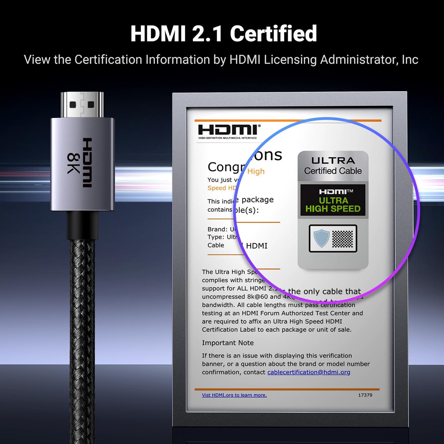 UGREEN 10K 8K HDMI 2.1 Cable 48Gbps 6.6FT, Certified 8K@60Hz 4K@120Hz 144Hz High Speed Gaming Cable Braided Cord, eARC HDCP 2.3 Dynamic HDR Compatible for HDTV/PS5/Xbox/SoundBar/RTX3090/Blu-ray