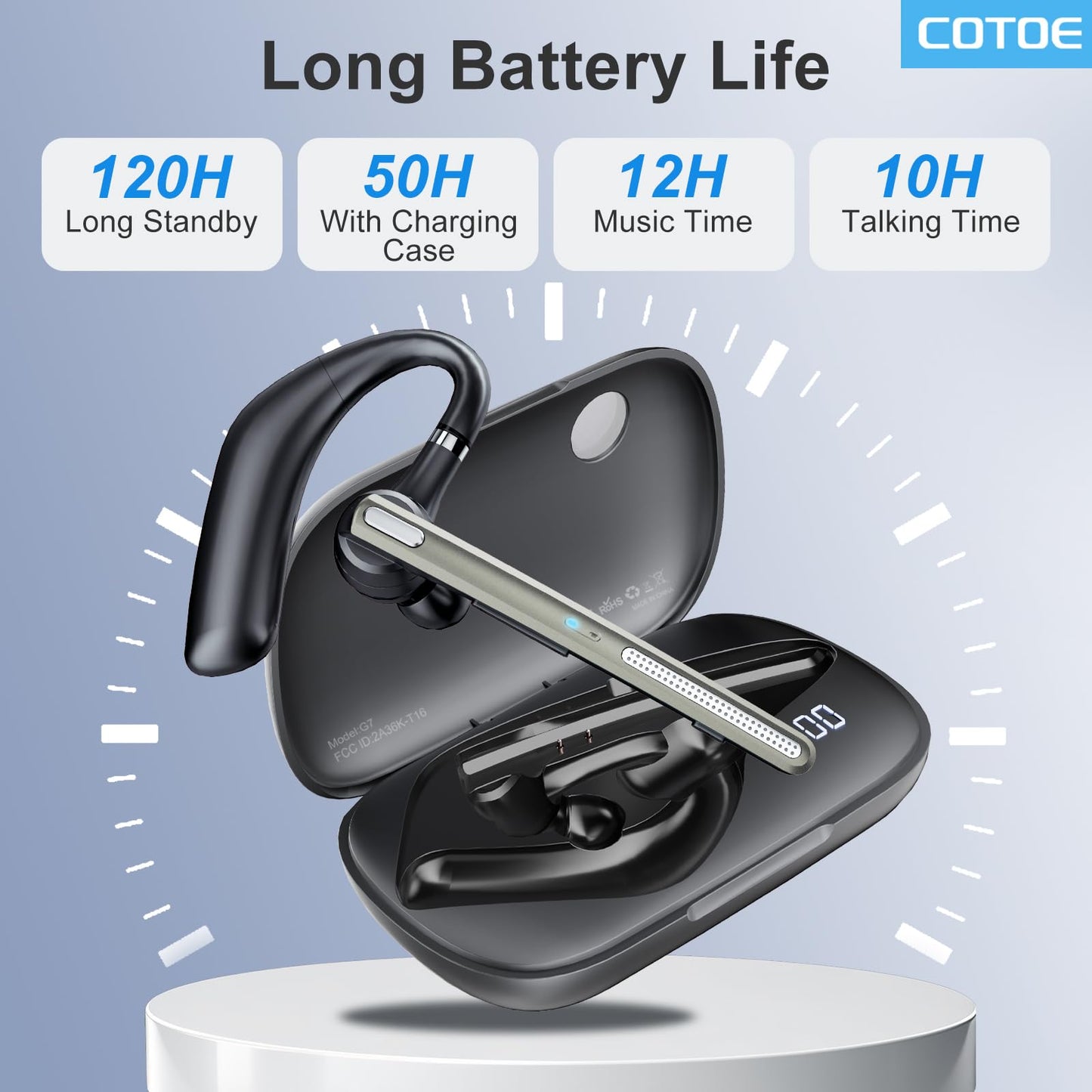 Bluetooth Headset with 72-Hour Talk Time & 500mAh Charging Case, Bluetooth V5.3 Headset with Noise Cancelling Mic – Wireless Earpiece Hands-Free Headphones for Office Trucker Driving Business,Black