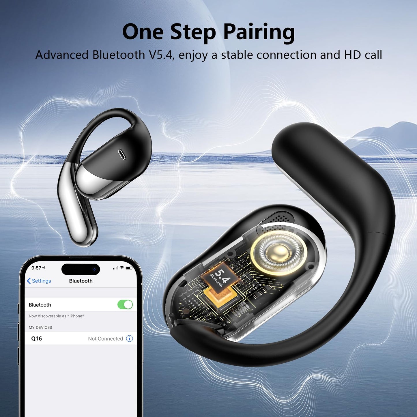 Open Ear Wireless Earbuds, Sports Bluetooth Headphones with Real Time Translation, 80Hrs Playtime with LED Power Display, Noise Canceling Headset, IPX7 Waterproof Earphones for Workout/Running