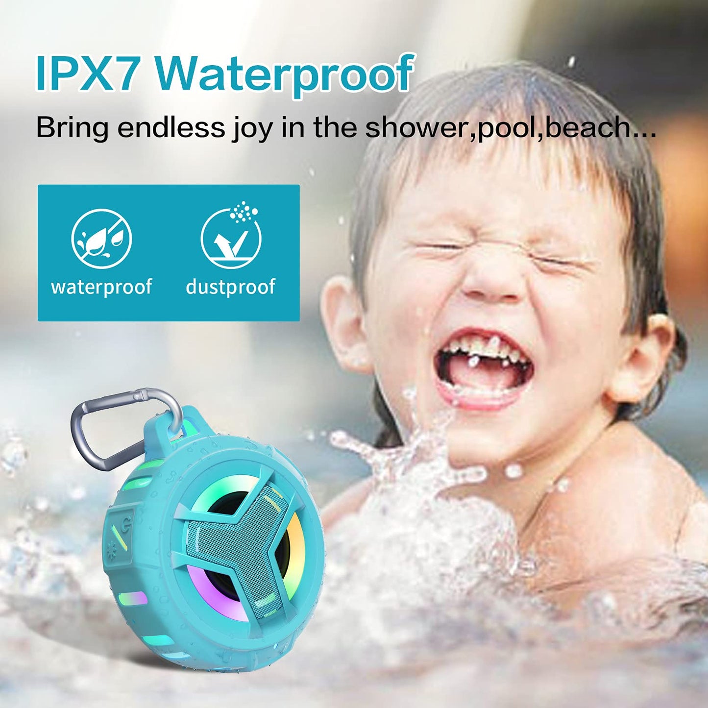 EBODA Bluetooth Shower Speaker, Portable Bluetooth Speakers, IP67 Waterproof Outdoor Speaker Wireless with LED Light, Floating, 2000mAh, True Wireless Stereo for Pool, Kayak, Bike, Golf, Gifts -Black