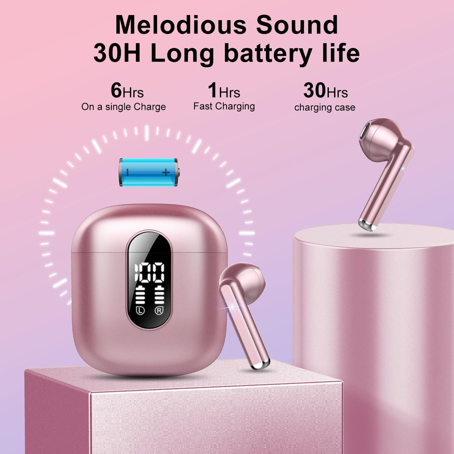 Wireless Earbuds, Bluetooth 5.3 Headphones HiFi Stereo, Mini in-Ear Bluetooth Earbuds, Wireless Earphones with 4 ENC Noise Cancelling Mic, IP7 Waterproof, LED Display, Touch Control Ear Buds, White
