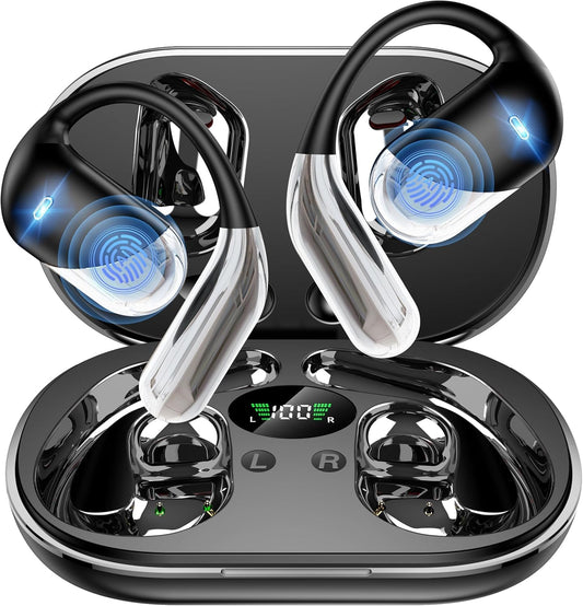 Open Ear Earbuds, Sports Wireless Bluetooth 6.1 Headphones with Real-Time Translation, 80H Playtime LED Power Display, ENC Noise Canceling, IP55 Waterproof Earhooks Headset for Running Workout, Black