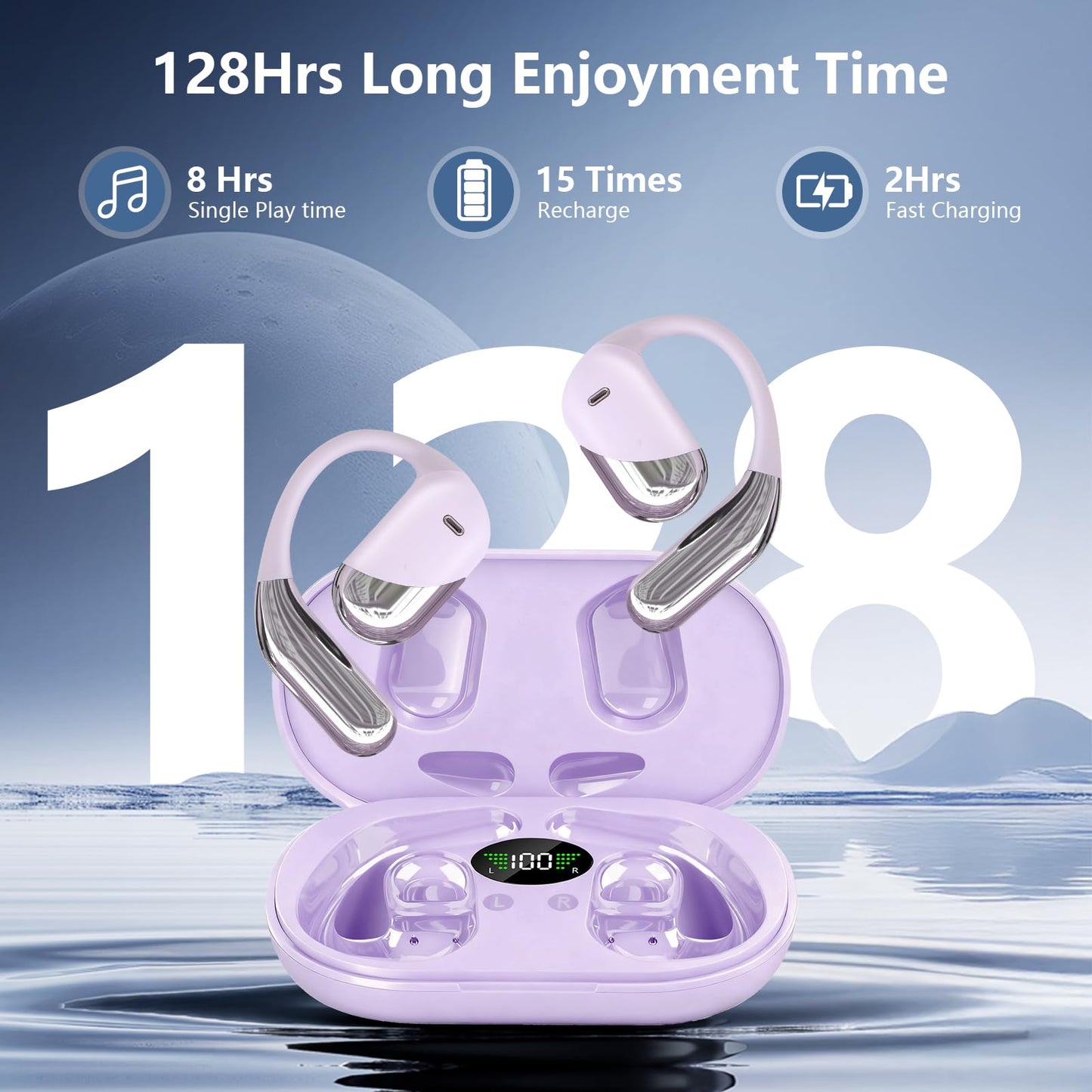 Open Ear Wireless Earbuds, Sports Bluetooth Headphones with Real Time Translation, 80Hrs Playtime with LED Power Display, Noise Canceling Headset, IPX7 Waterproof Earphones for Workout/Running