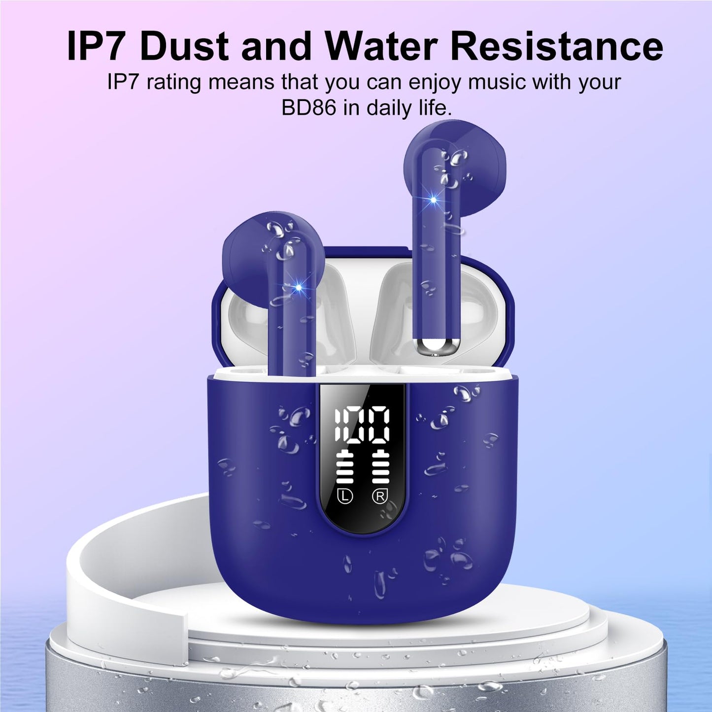 Wireless Earbuds, Bluetooth 5.3 Headphones HiFi Stereo, Mini in-Ear Bluetooth Earbuds, Wireless Earphones with 4 ENC Noise Cancelling Mic, IP7 Waterproof, LED Display, Touch Control Ear Buds, White