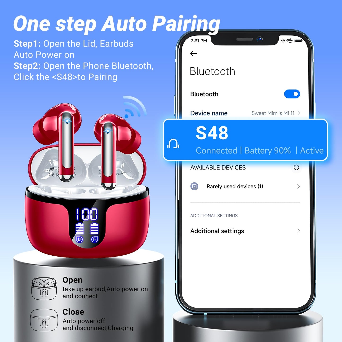 Wireless Earbuds, Bluetooth 5.4 Headphones, 50H Playback Deep Bass Stereo Ear Buds with LED Power Display Charging Case, IPX7 Waterproof in-Ear Earbuds for Smart Phone Laptop Computer Sports Black