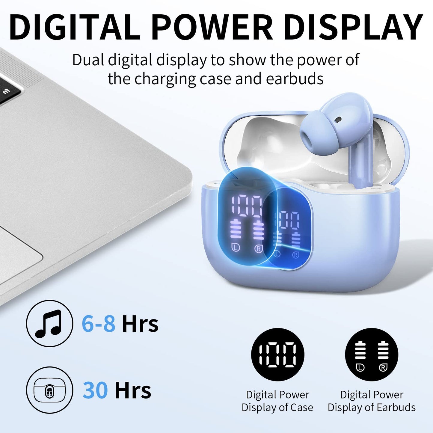 Wireless Earbuds, Bluetooth Headphones 5.4 HiFi Stereo, Wireless Earphones with ENC Noise Cancelling Mic, IP7 Waterproof in Ear Headphones, LED Digital Display Ear Buds, Touch Control, Black