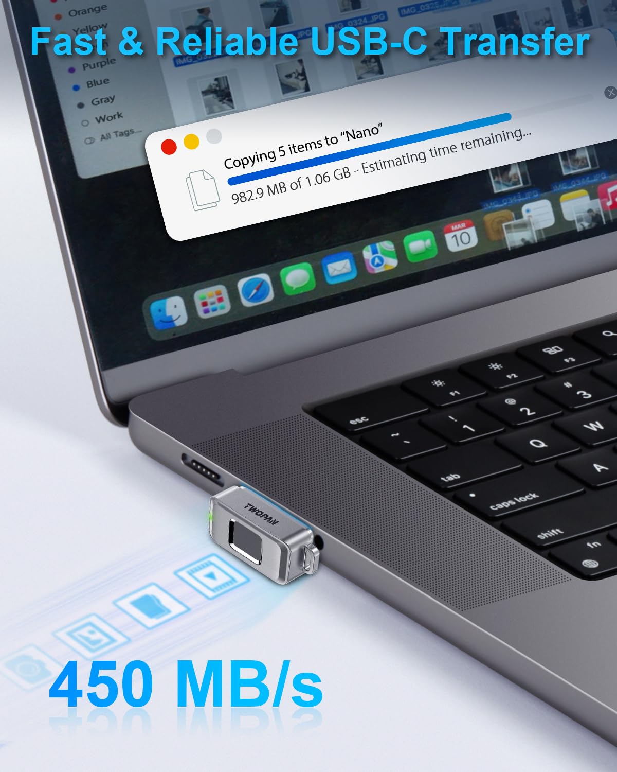 TWOPAN 256GB Portable Nano SSD with Fingerprint Lock, USB-C External SSD Hard Drive, Compatible with iPhone 17/16/15, MacBook, iPad, Steam Deck, PS5, Selfie Stick, Android, Travel and Backup