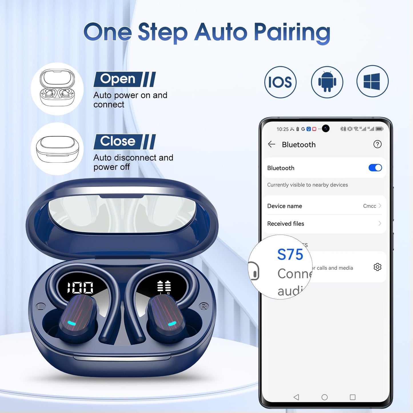 Wireless Earbuds, 50H Bluetooth 5.4 Headphones Sport, Bluetooth Earbuds with ENC Noise Canceling, HiFi Stereo Sound Wireless Earphones with Earhooks, IP7 Waterproof Ear Buds for Sports/Workout/Running