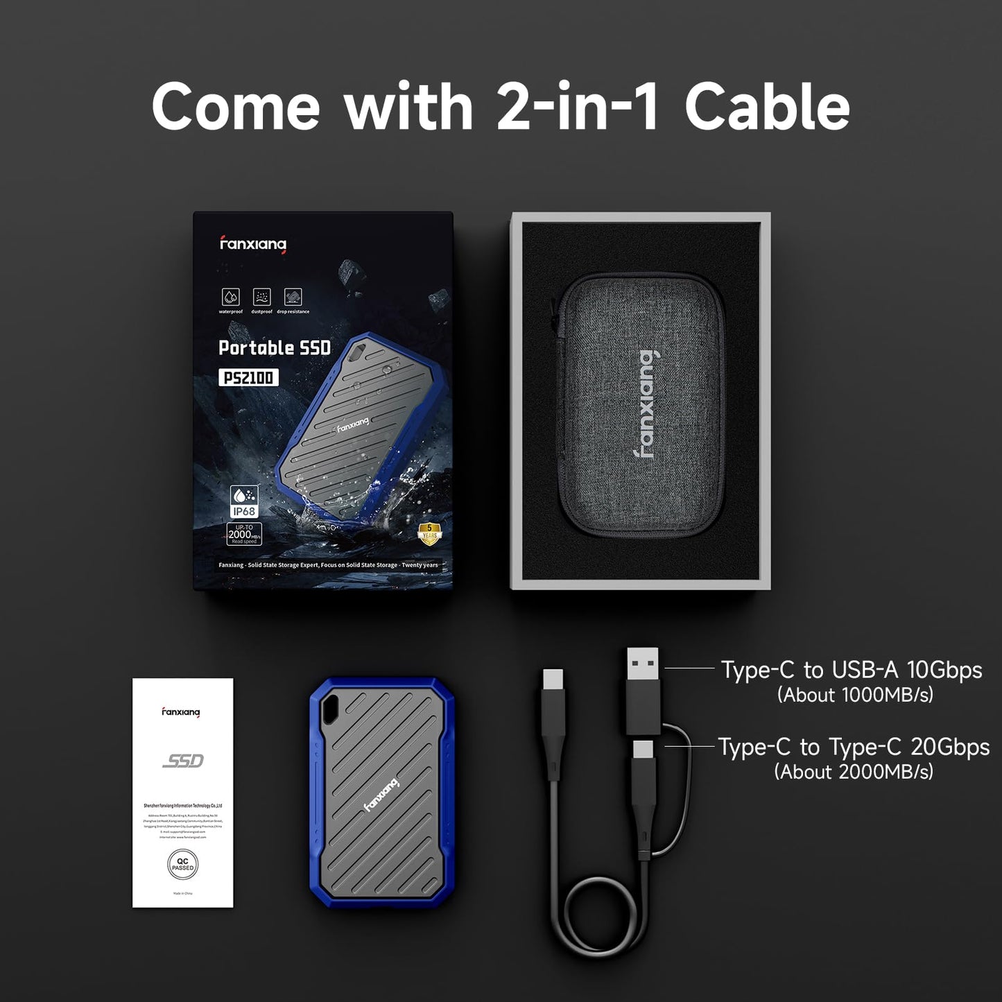 fanxiang 2TB Extreme Portable SSD, Up to 2000MB/s USB 3.2 Gen2, IP68 Water and Dust Resistance, External Solid State Drive Reliable Storage for Professionals, Creatives, and Engineers