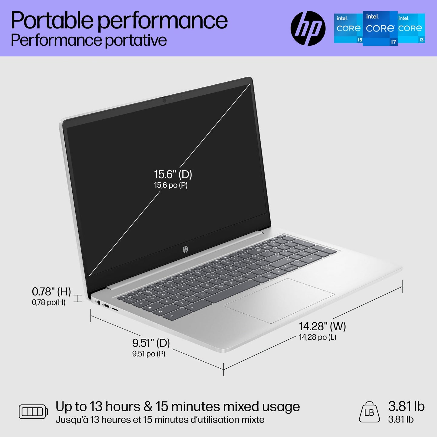 HP Chromebook Plus 15.6 inch Laptop, Full HD Display, Intel Core i3-N305, 8 GB RAM, 256 GB UFS, Intel UHD Graphics, Chrome OS, 15a-nb0006ca