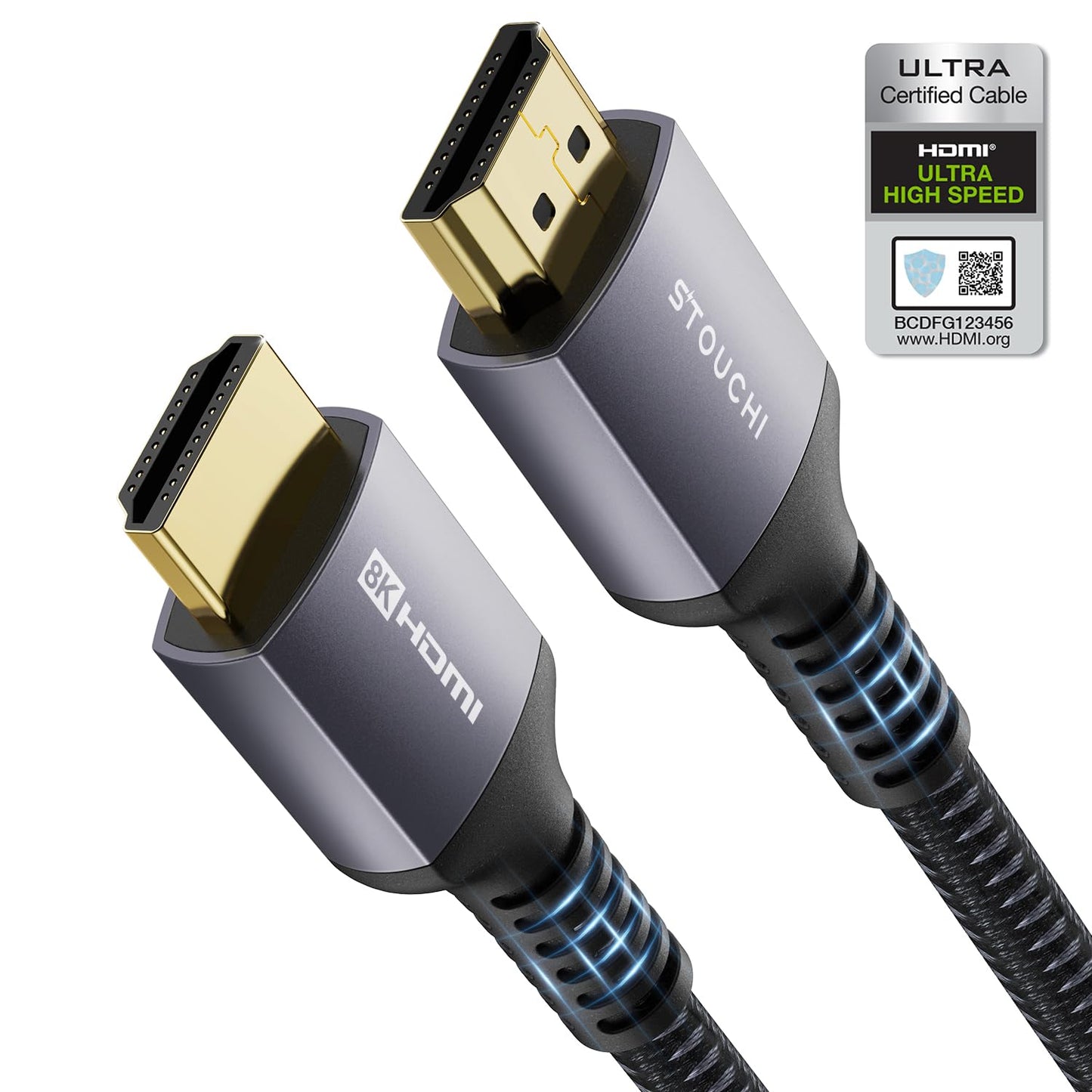 10K 8K HDMI Cables 2-Pack 6.6FT, Stouchi (Certified) 48Gbps Ultra High Speed HDMI® Cable for PS5 4K@120Hz Gaming, 8K@60Hz TVs, eARC Dolby Atmos Home Theater