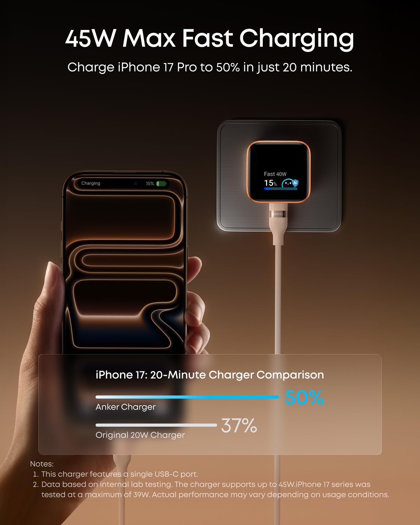 Anker Nano USB C Charger, 45W USB C Charger Block with Smart Display, 180° Foldable Plug, Smart Recognition, Built-in Care Mode, for iPhone 17/16/15 (Non-Battery, One USB-C Port, No Cable Included)