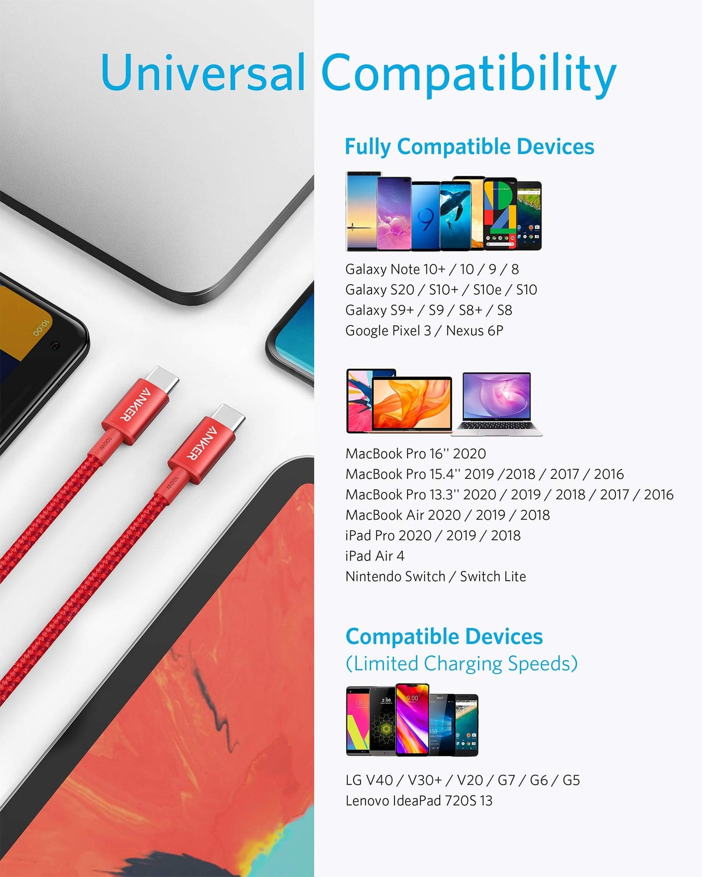 Anker USB C to USB C Cable (6FT, 2Pack), 100W USB C Charger Cord Fast Charging for iPhone 17/16 Series,MacBook Pro 2020,Pixel and More